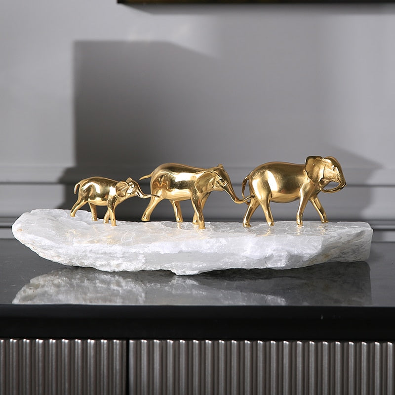 Golden Elephants with Natural Stone Base