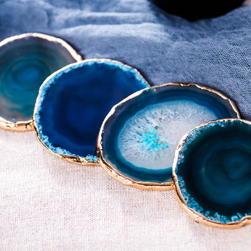 Blue Agate Coasters with Gold Edges 4 Pieces Set