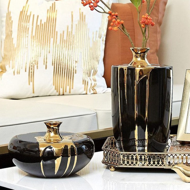 Black Leaking Gold Ceramic Vase Glam and Cozy